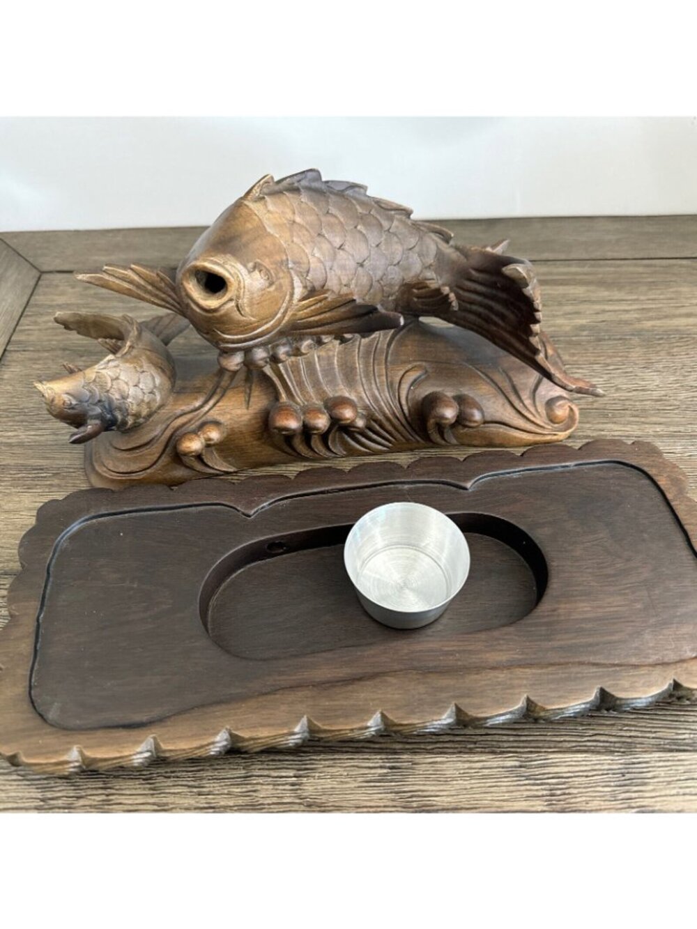 Smoking Carp Leaping Over The Dragon Gate Boxwood Hand Carved Vtg Decor Candle - Picture 7 of 16